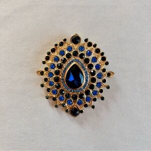 Vintage Style Gold Tone Blue Crystal Statement Pendant Victorian Style